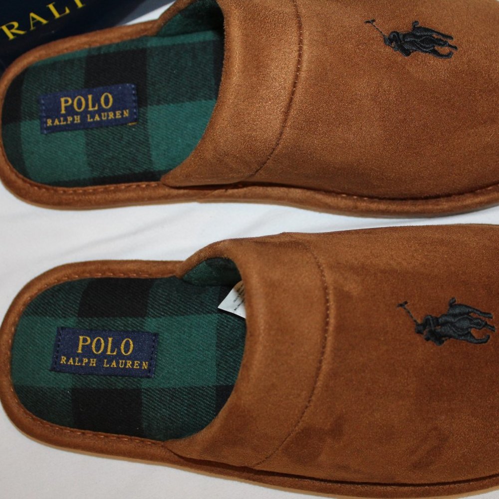 NIB POLO RALPH LAUREN MEN'S SUEDE LINED COMFORT SLIPPERS CHESTNUT PLAID - Picture 4 of 6